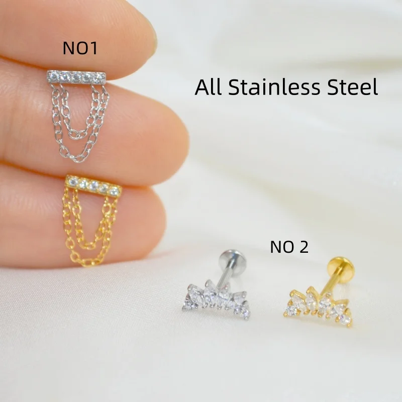 20pcs/Lot Body Jewelry 16G Chain CZ Gems Stainless Steel Lip Bar piercing Labret ring Ear Helix Cartilage Stud New