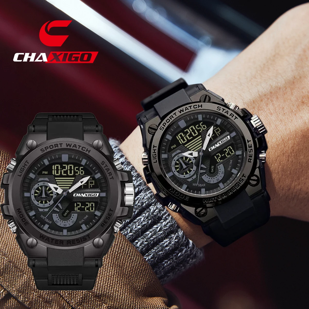 

CHAXIGO Men's Analog/Digital Dual Display Sports Silicone Strap Watch, 30-meter Water Resistant, Multifunctional Digital Watch