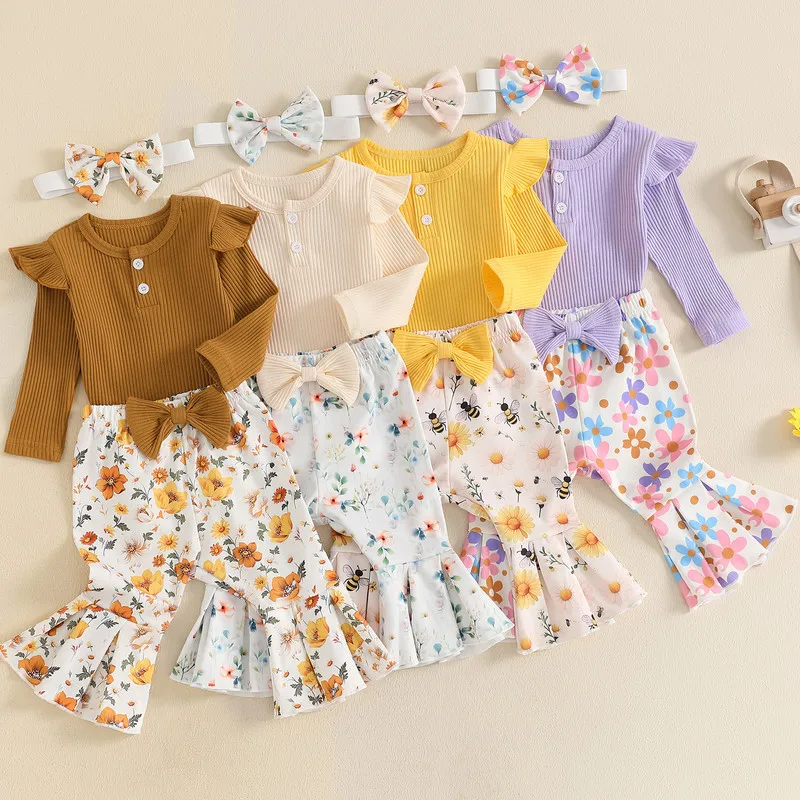 

0 to 18 Months Baby Girl Pant Sets Spring Autumn Clothes Ruffle Long Sleeve Ribbed Bodysuit Flower Flare Pants Bow