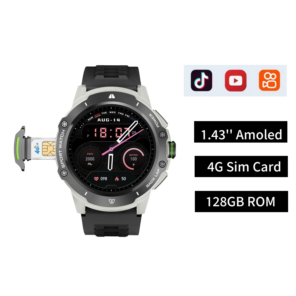 NEW KB08 Smart Watch 4G Network SIM Card 1.43''AMOLED 200W Camera with GPS Wifi Google Play Dynamic Dial Android for Men Women