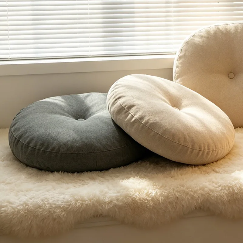 Solid Color Round Linen Seat Cushion Silk Cotton Core Tatami Cushion Oversized Yoga Pillow Sofa Floor Cushion Home Decoration