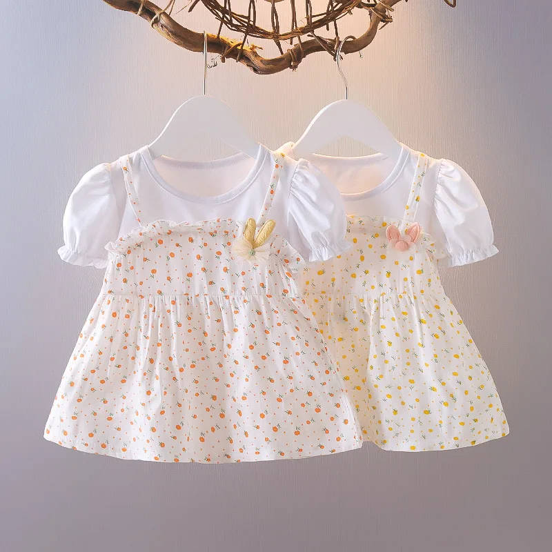 Summer New Style Baby Girls Dress Short Sleeve Flower Fake Two-Piece Shoulder Strap Dress Cute Princess Wedding Party Costume