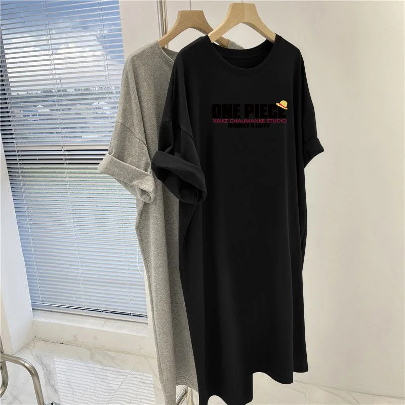 Women Clothing Fashion Basic Pullovers Dress, Summer Loose Casual Short Sleeve Dresses, Cartoon Printed Knee Length Tunic