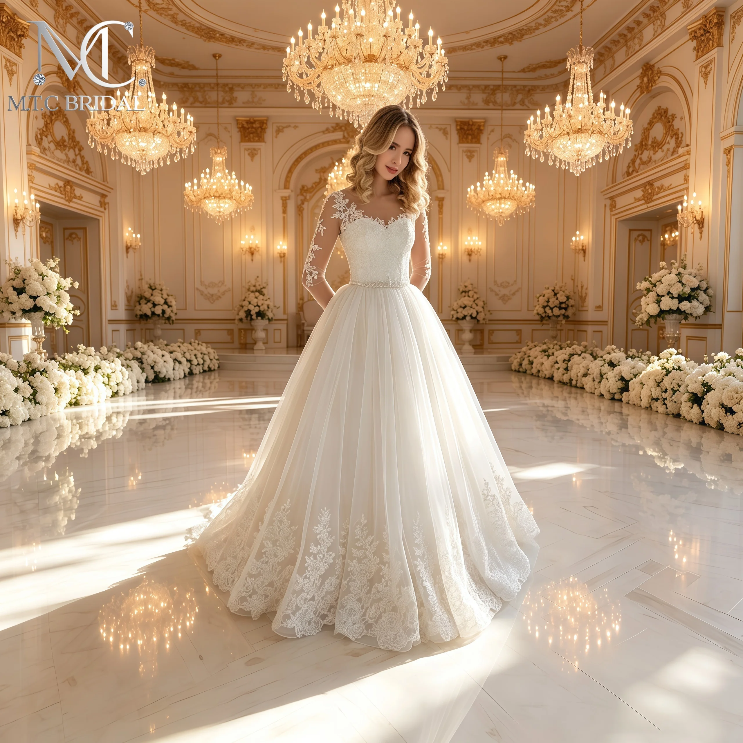 Visible Long Sleeves A Line Wedding Dress With Belts Gorgeous Lace Appliques Tulle 2026 Bridal Gown For Wedding Vestido De Noiva