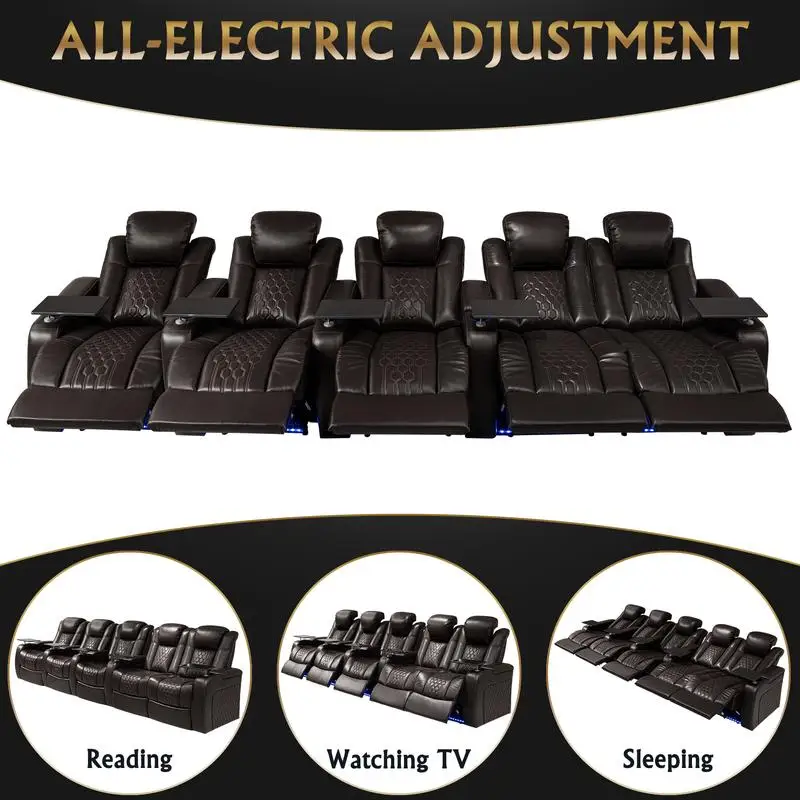 Sillón reclinable eléctrico de 155,5 ", 5 unidades, cuero de grano superior, relajación totalmente ajustable, carga inteligente, iluminación LED RGB, Color café