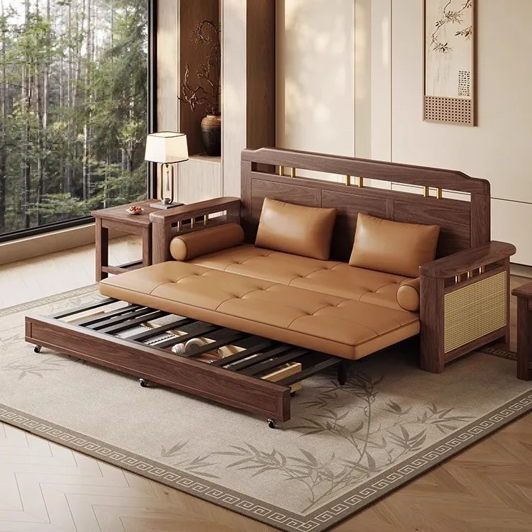 Solid wood sofa bed folding dual-purpose living room single double small apartment multi-functional storage retractable bed