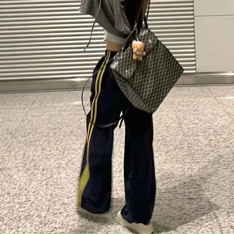 سراويل رياضية كاملة مخططة متعددة الجيوب للنساء، سراويل رياضية أنيقة فضفاضة وعصرية كلاسيكية مستقيمة غير رسمية عالية الخصر وواسعة الساق