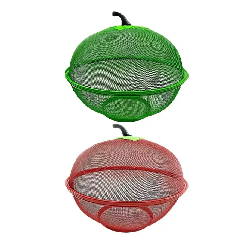 Mesh Fruit Basket With Lid Portable Drain Basket Metal Wire Fruit Bowl Large Capacity Vegetables Fruit Holder Kitchen Gadgets