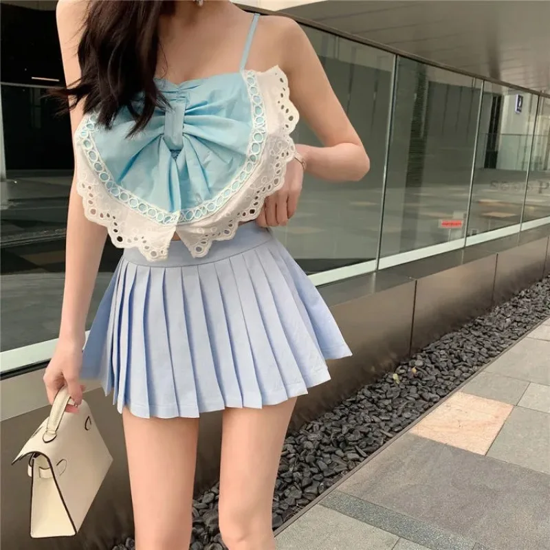 

Синяя плиссированная юбка для женщин, весна-осень, новая модель, с высокой талией, мини-юбка А-силуэта, сексуальная юбка