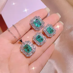 2022 NEW Classic Square Paraípa Emerald Three-Piece Set Pendant Necklace Studs Earring Ring For Women Wedding Gift Jewelry