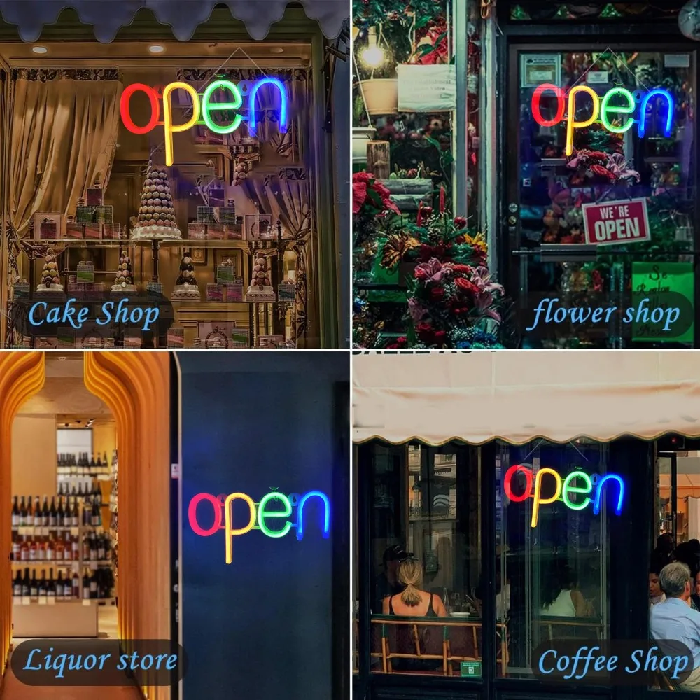 RGB Neon Open Sign Battery USB Powered Wall Mountable Neon Light Sign Rainbow Color 11.34×5.71in LED Neon Sign Store Front