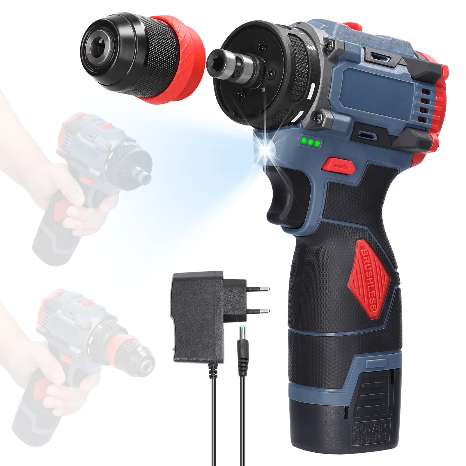 

16.8V/21V Brushless 2in1 Cordless Driver Drill Electric Screwdriver battery screwdrivers 21 Rotation Ways drills and screwdriver