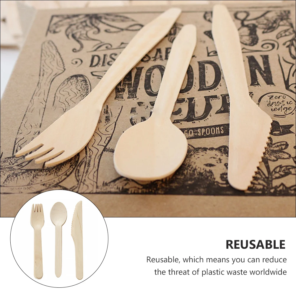 

12 Pcs Wooden Knife Fork Spoon Serving Utensils Party Knives Camping Khaki Cutlery