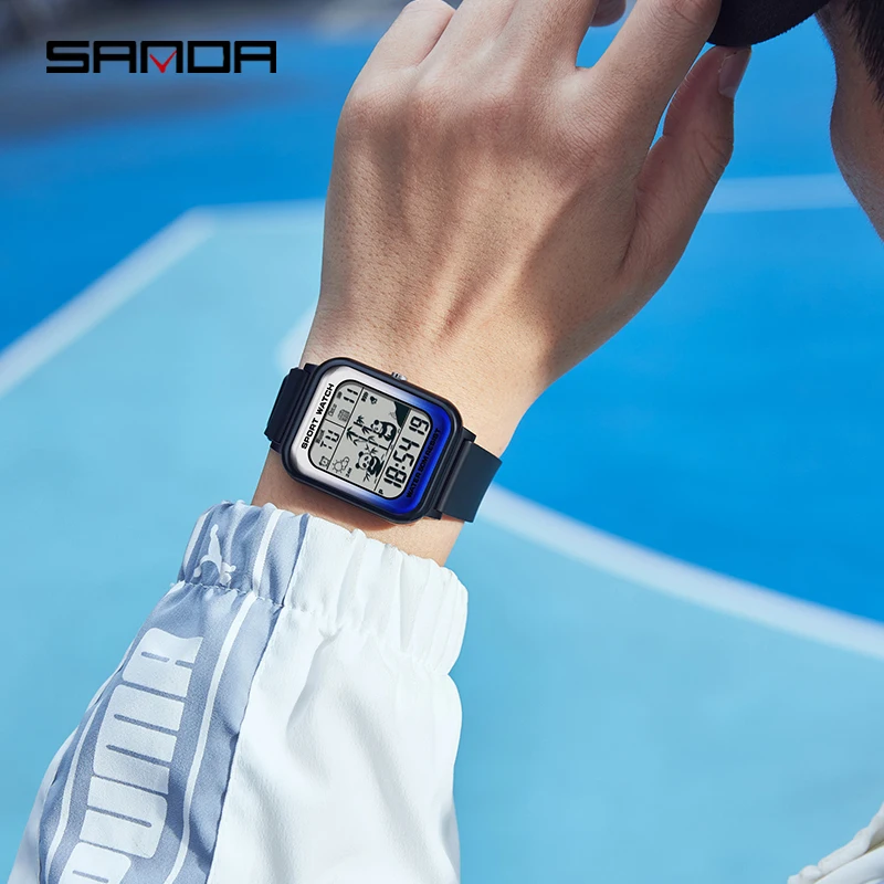 SANDA Panda Pattern Square Gradient Clock Electronic Men\'s Watch Sports Casual Outdoor Waterproof Trend Unisex Wristwatch 6120