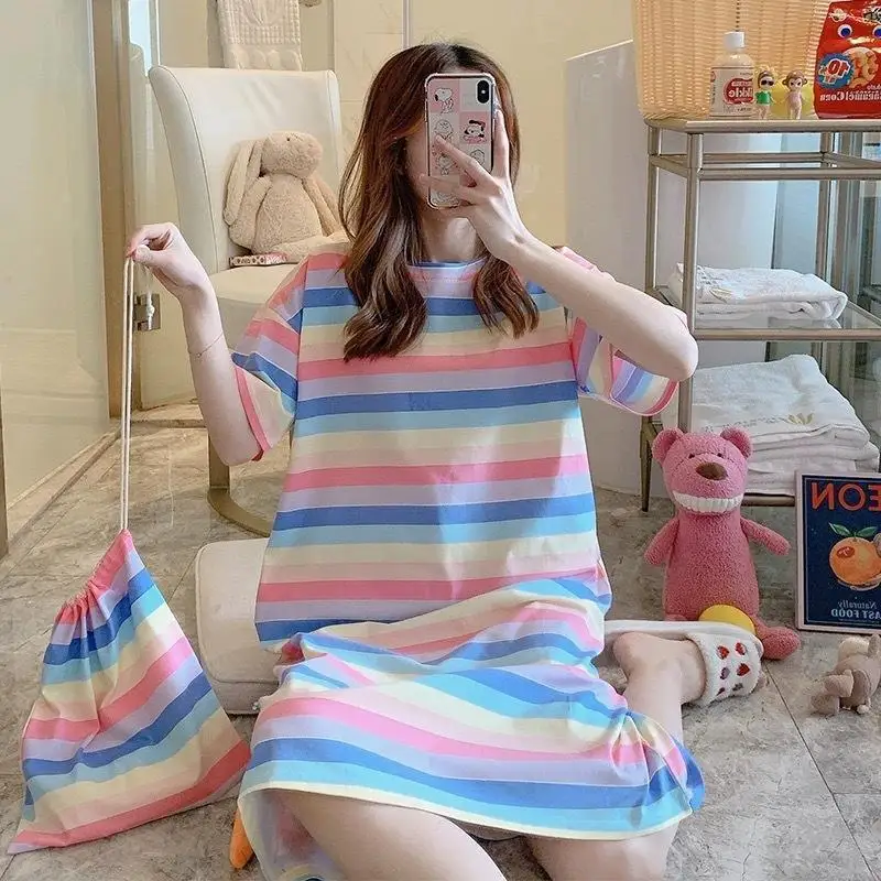 

Nightgowns Women Short-Sleeved Long over the Knee Rainbow Striped Skirt Student Pajamas Easy to Clean Long Skirt Milk Silk Pajam