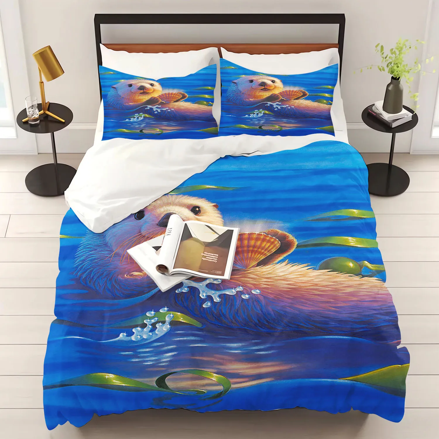 Otter Duvet Cover Animal Cartoon 3-Piece Set Children Cute Polyester Soft Breathable Comforter Animation Bedding