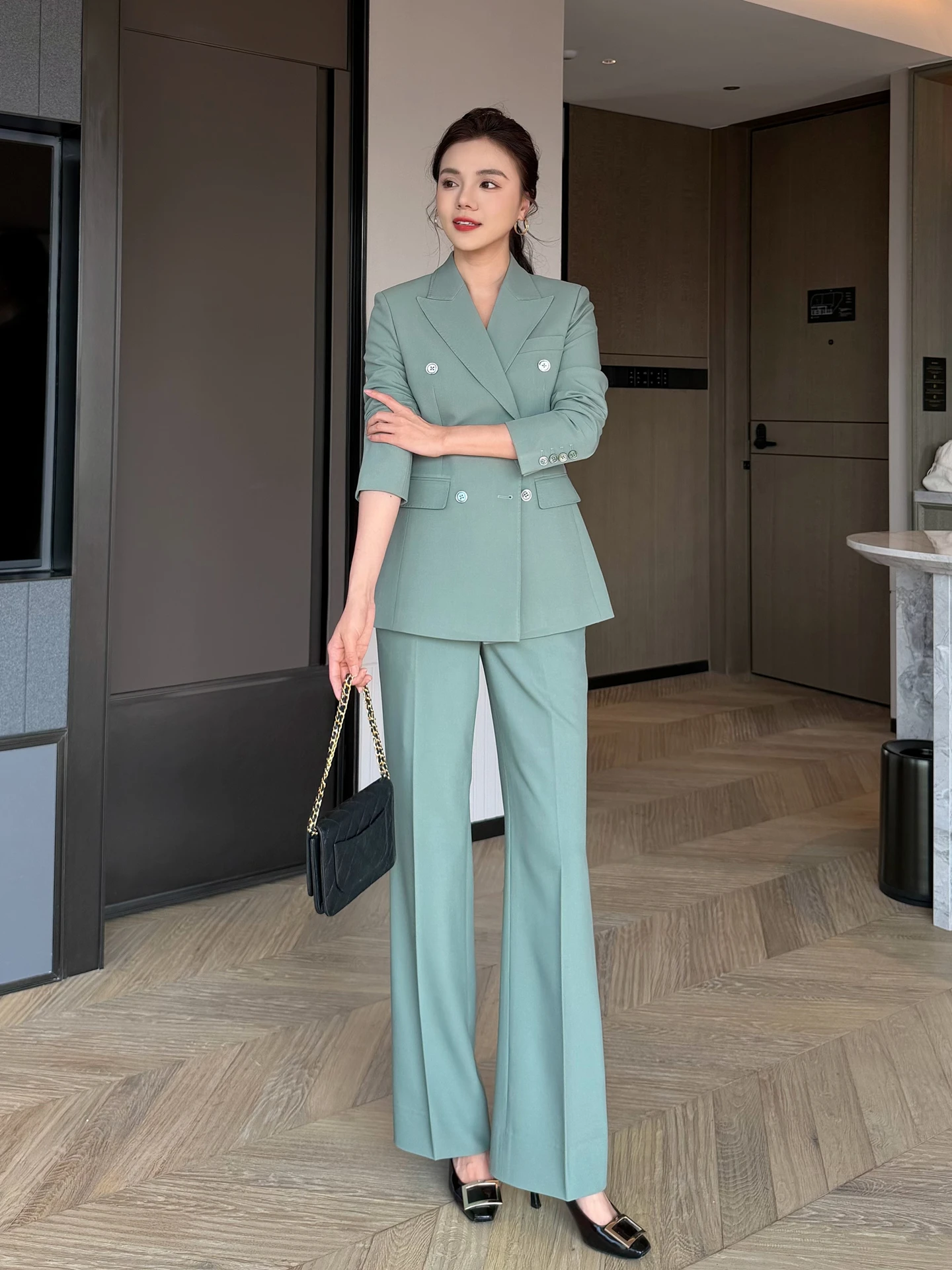 

Slim Fit Blue een Profional Suit Set for Women Commute Straight Leg Pants Two Piece Set Faionable Ele Busin Wear