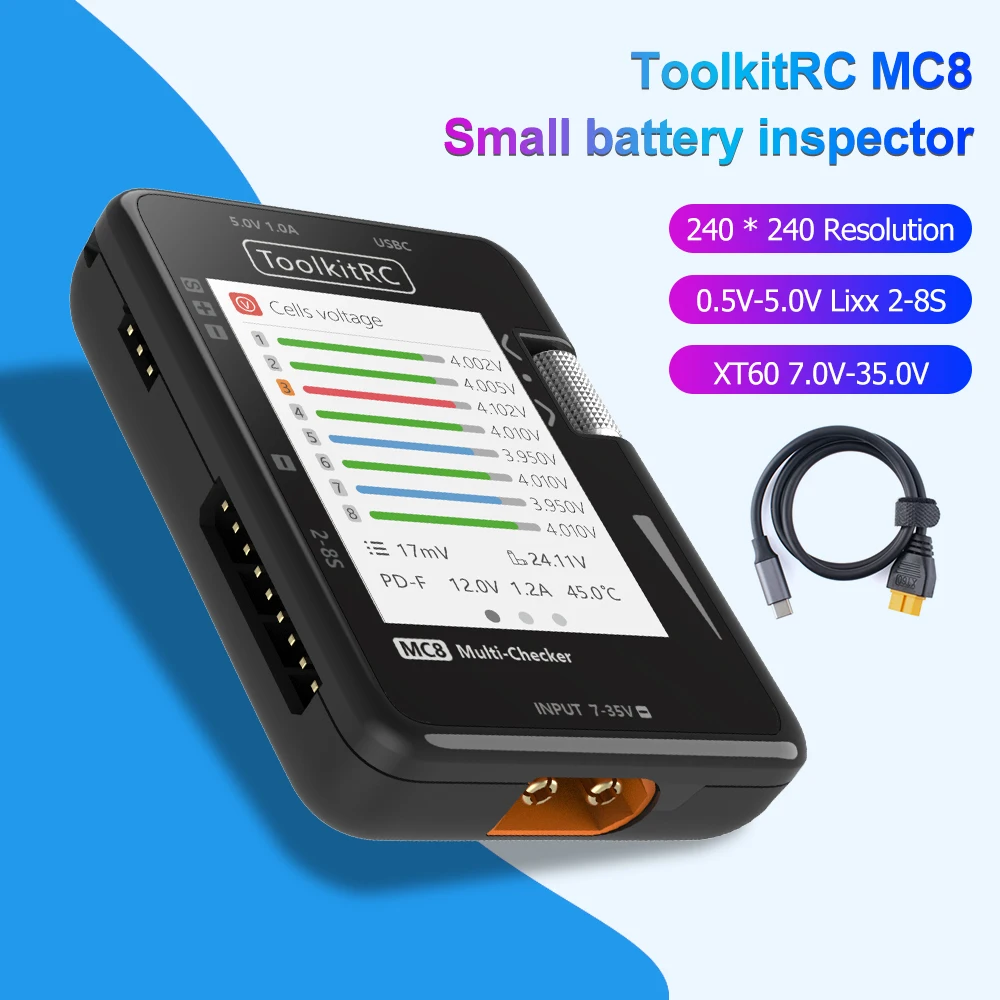 

ToolkitRC MC8 1-8S electronic display Mini Size Cell checker 32 Bit Battery Multi-checker PWM/PPM/SBUS Readout PWM Output USB-C