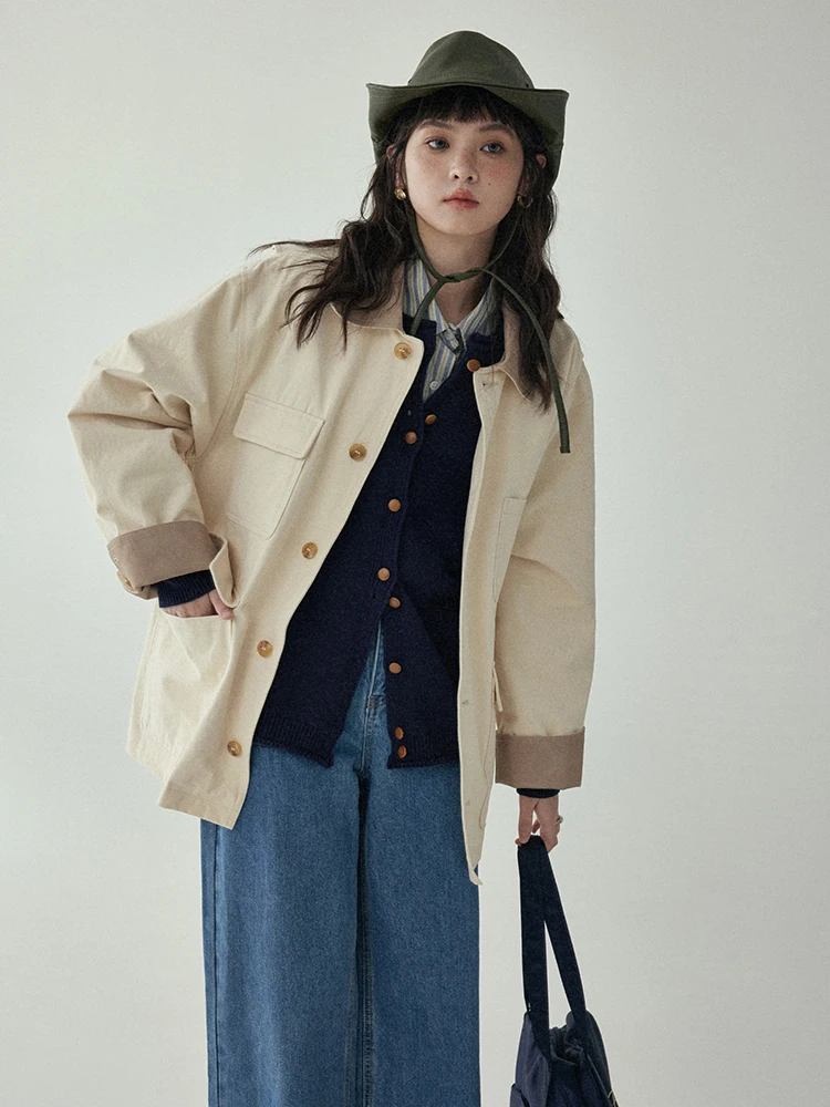 North Island AMUU Retro Color Block Casual Women's Jacket Multiple Pockets Spring Autumn High Sensation Top Korean Style Loos...