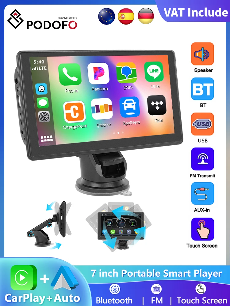 Podofo 7 pouces multimédia GPS Navigation sans fil Carplay Android Auto Bluetooth musique FM AUX 360 ° Lecteur intelligent de voiture d'angle de vision