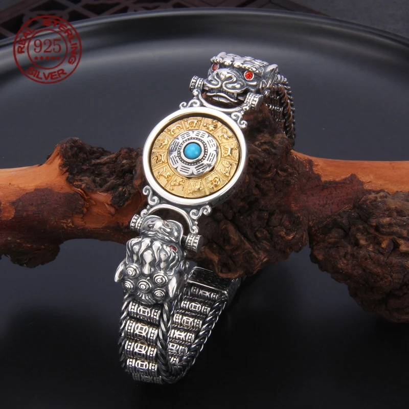 S925 Sterling Silver Rotatable Bagua Bracelet for Men Hand Braided Chain Carved Elephant Head Inlaid Turquoise Retro Jewelry