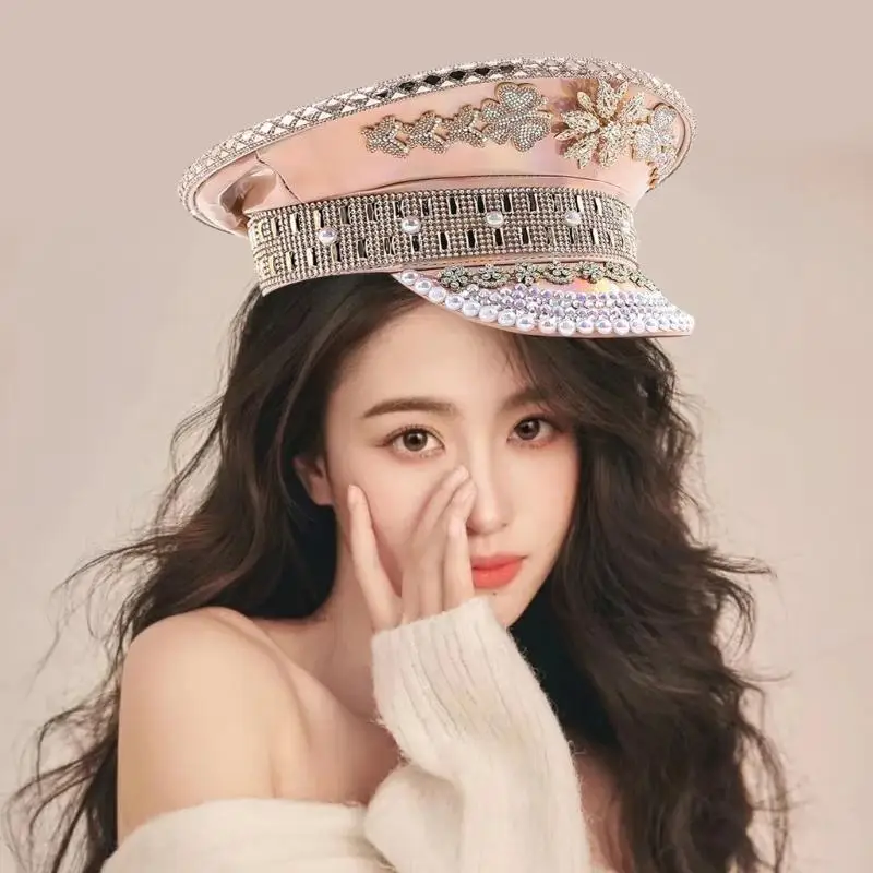 652F أزياء المرأة حجر الراين قبعة الزفاف قبعة عسكرية العازبة حزب الكابتن قبعة #5