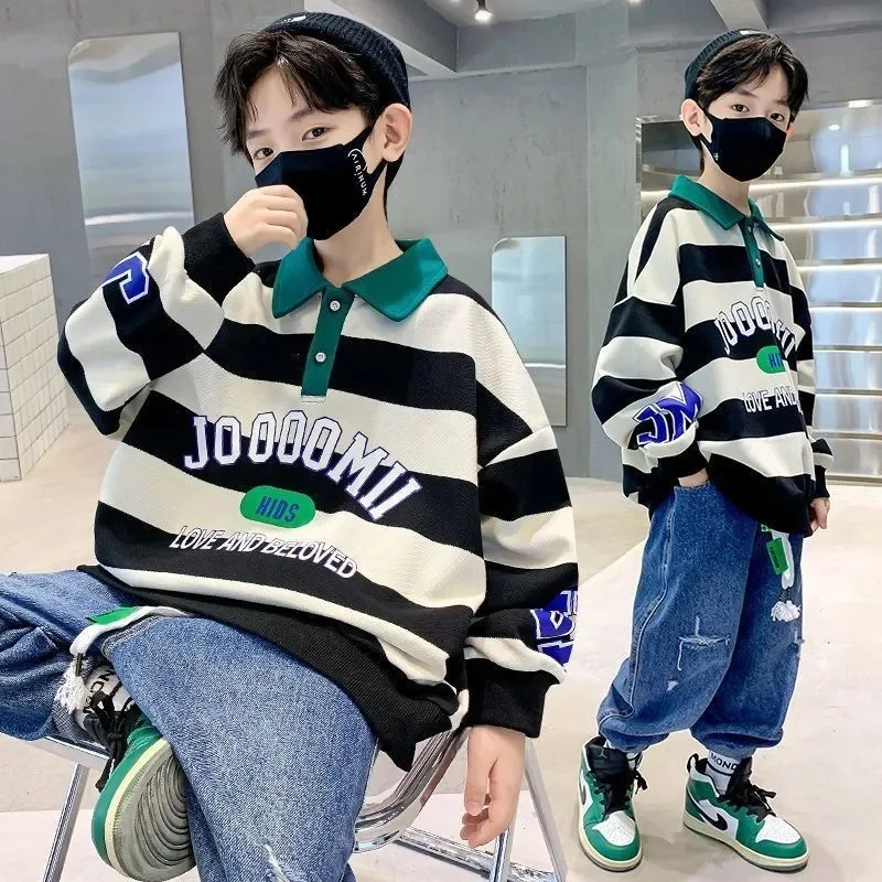 

Spring Autumn Boys Cotton Contrast Striped Alphabet Preppy Sweatshirt School Kids Track Pullover Tops Child Outfit Jumper 7-16Yr