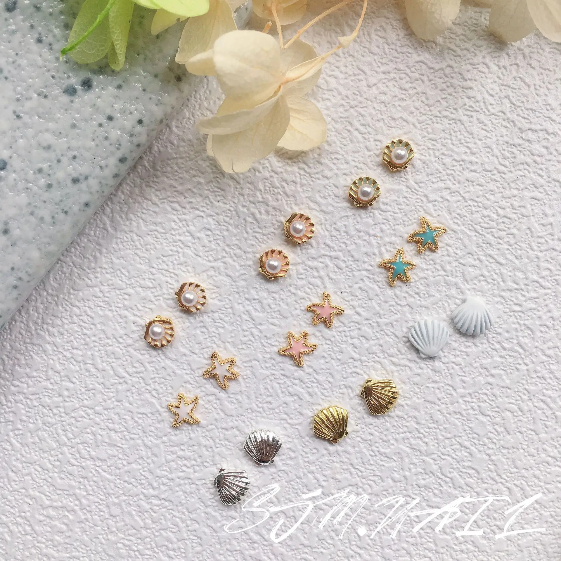 10pcs Summer Sea Shell Nail Art Charms Pearls Alloy Accessories Japanese Beach Series Exquisite Rhinestone Manicure Nail Parts