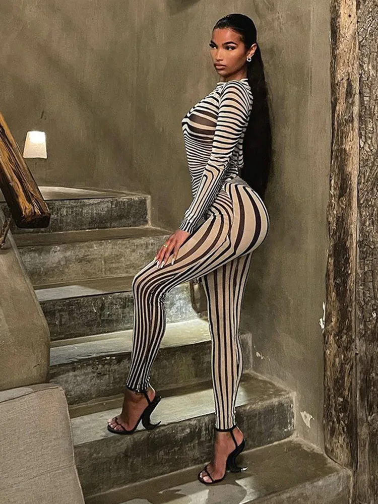 Women's Zebra Striped Printing Outfits, Long Sleeve and Pants, See Through Mesh Body Suits, Sexy Woman Streetwear, 2 Pieces Set