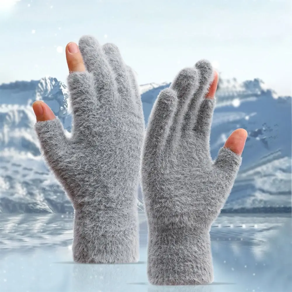 Guantes cálidos de invierno con 2 dedos para hombre y mujer, manoplas gruesas de terciopelo a prueba de frío, guantes de escritura de visón de imitación para estudiantes