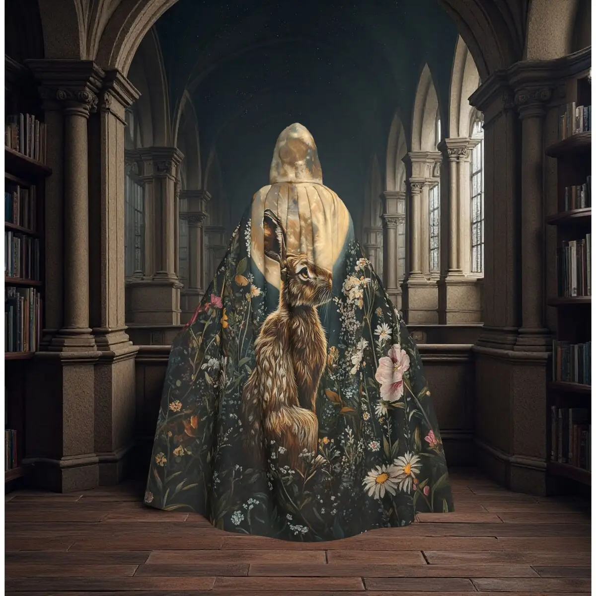 

Rabbit Print Long Hooded Cloak Witch Medieval Costume Cosplay Cape HalloweenCoat Adult Unisex
