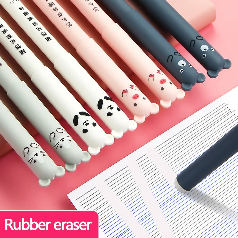 Kawaii Erasable Gel Pens Eraser Set Cute Bear Design 0.5mm Waterproof Black Blue Ink for Writing Office & School Stationery