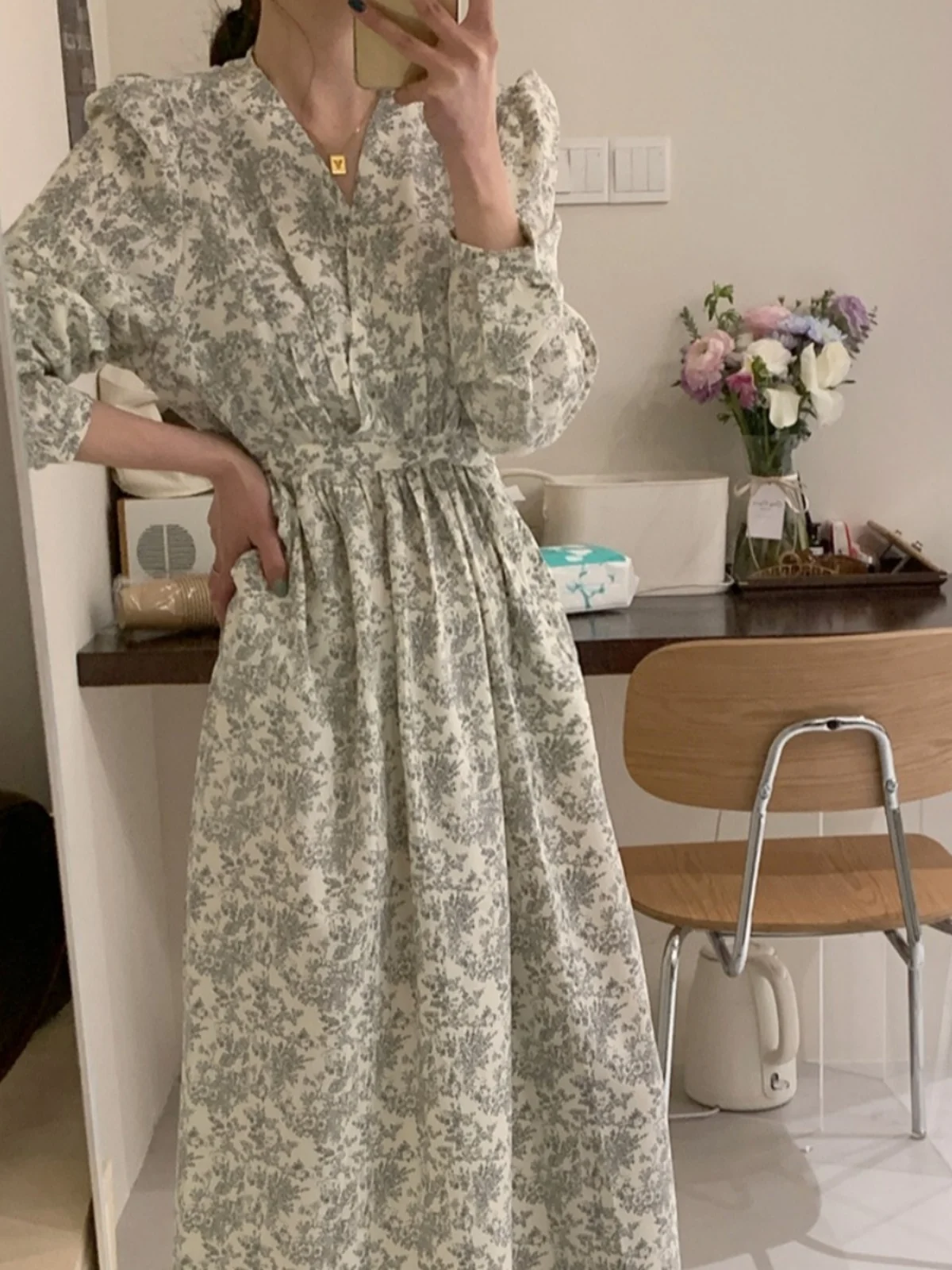 High Waist V-Ne Floral Long Dr Korean Sle Tea Break Skirt Women's Ele A-Line Gown Autumn Season Long Sve