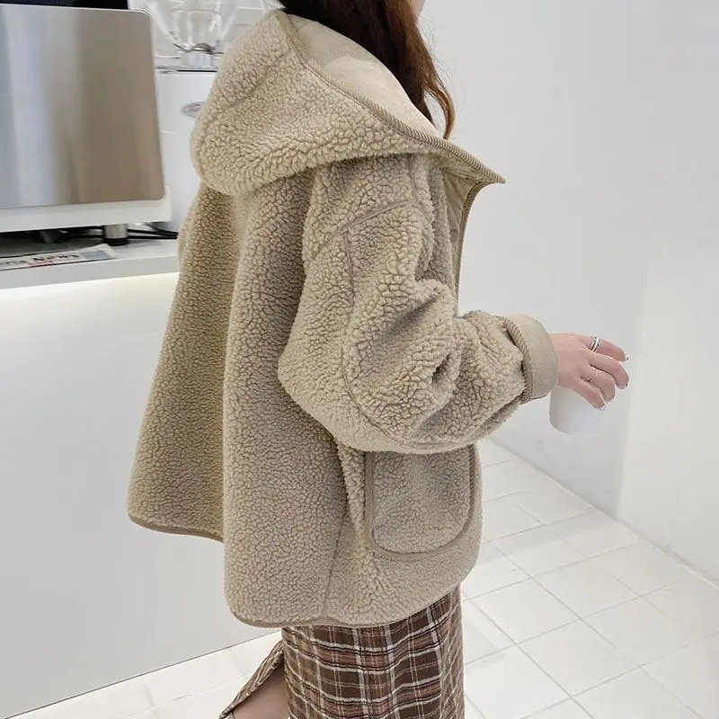 

Lamb Wool Coats Women Hooded Full Sleeve Jackets Single Breasted Mid Length Coat Autumn Winter Solid Open Stitch Outerwear