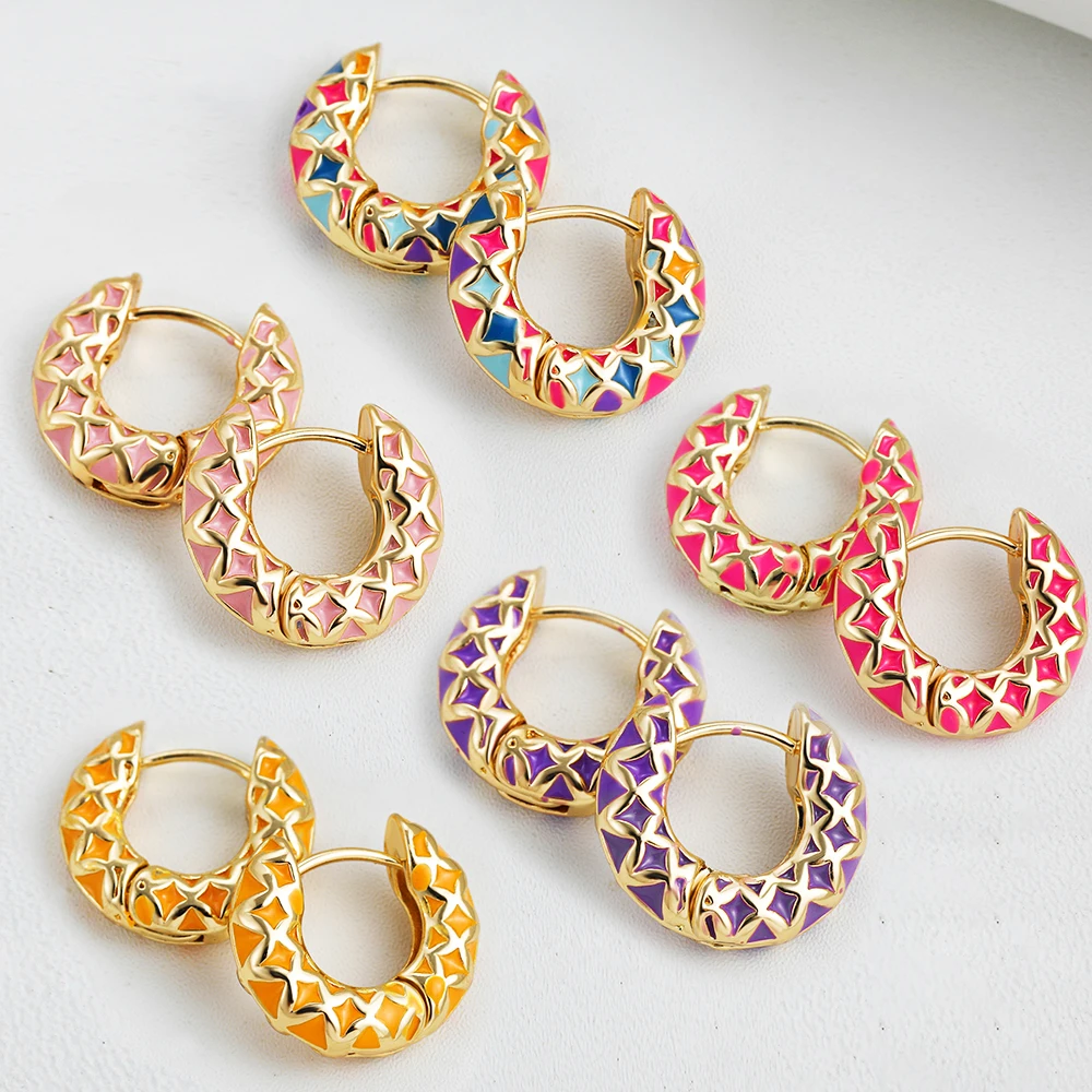 Vintage Enamel Colorful Argyle Round Circles Huggies for Women Ethnic Geometric Pattern Gold Plated Hoop Earring Ear Buckles