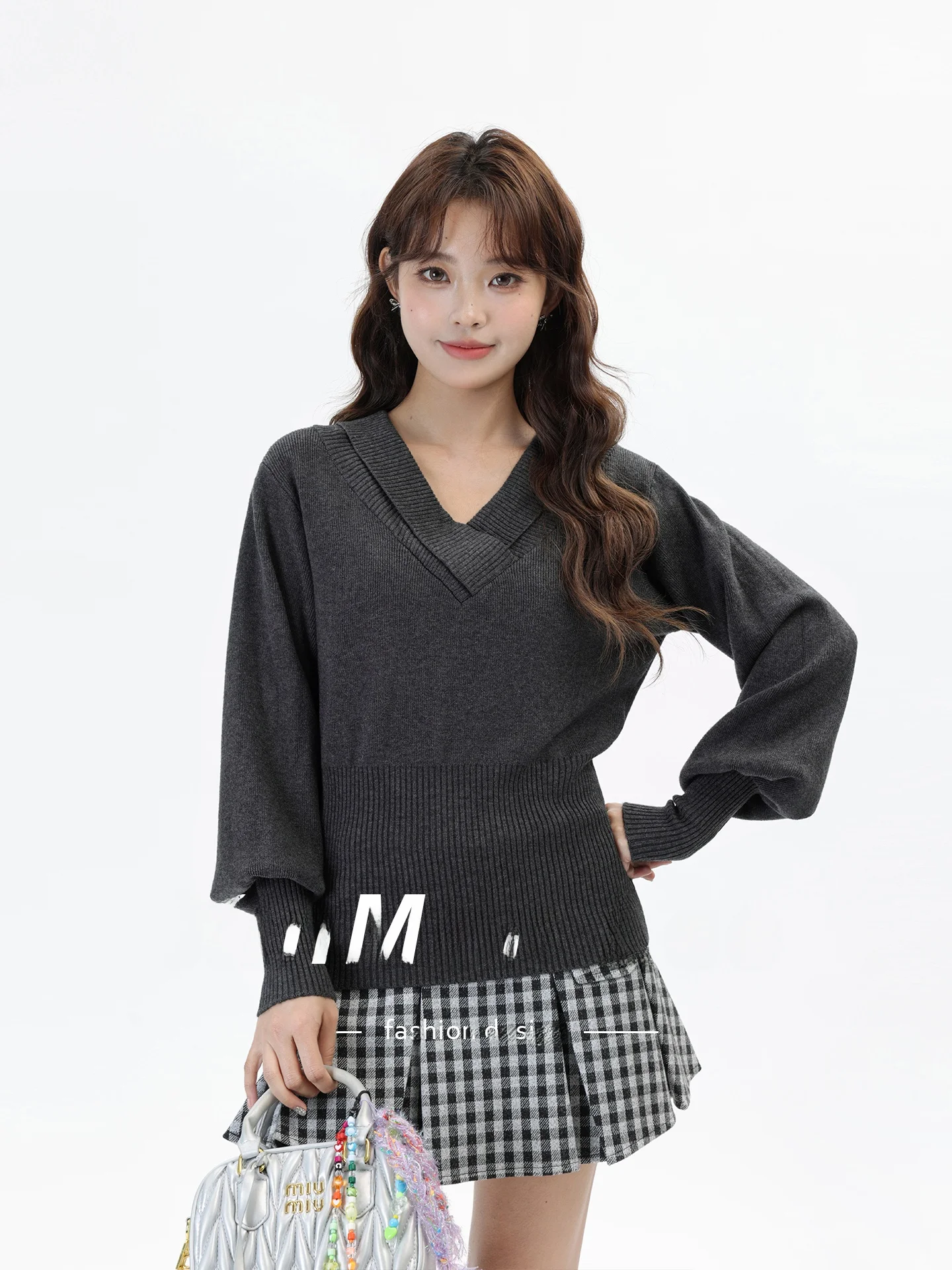 

Ретро-джемпер с глубоким V-образным вырезом, утягивающий, с рукавами-фонариками, повседневный, женский, с длинными рукавами, мягкий вязаный топ для весны и осени