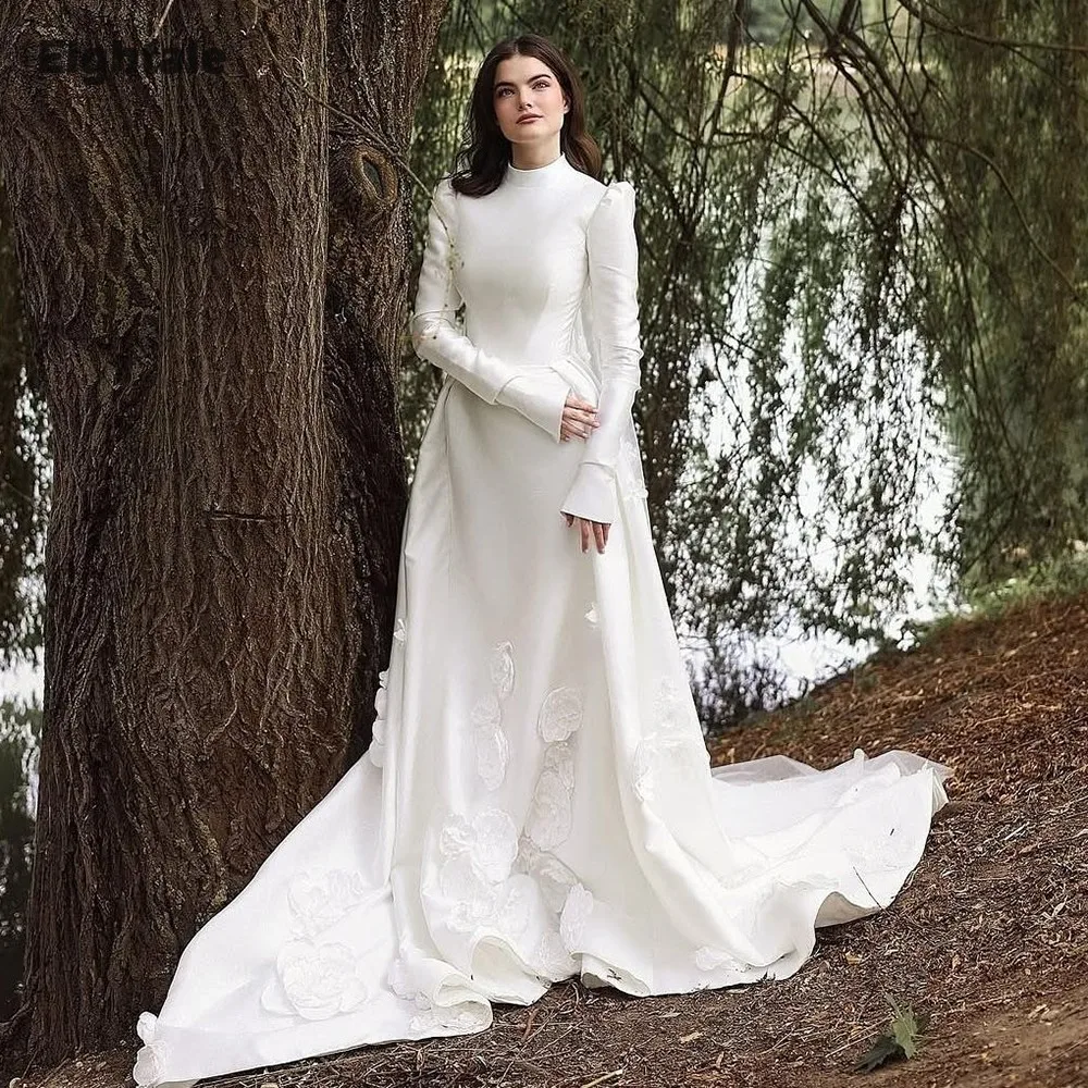 

Eightale Arabic Wedding Dresses High Neck Customized Mermaid Satin Long Sleeves 3D Flowers Bridal Gowns Vestidos De Novia