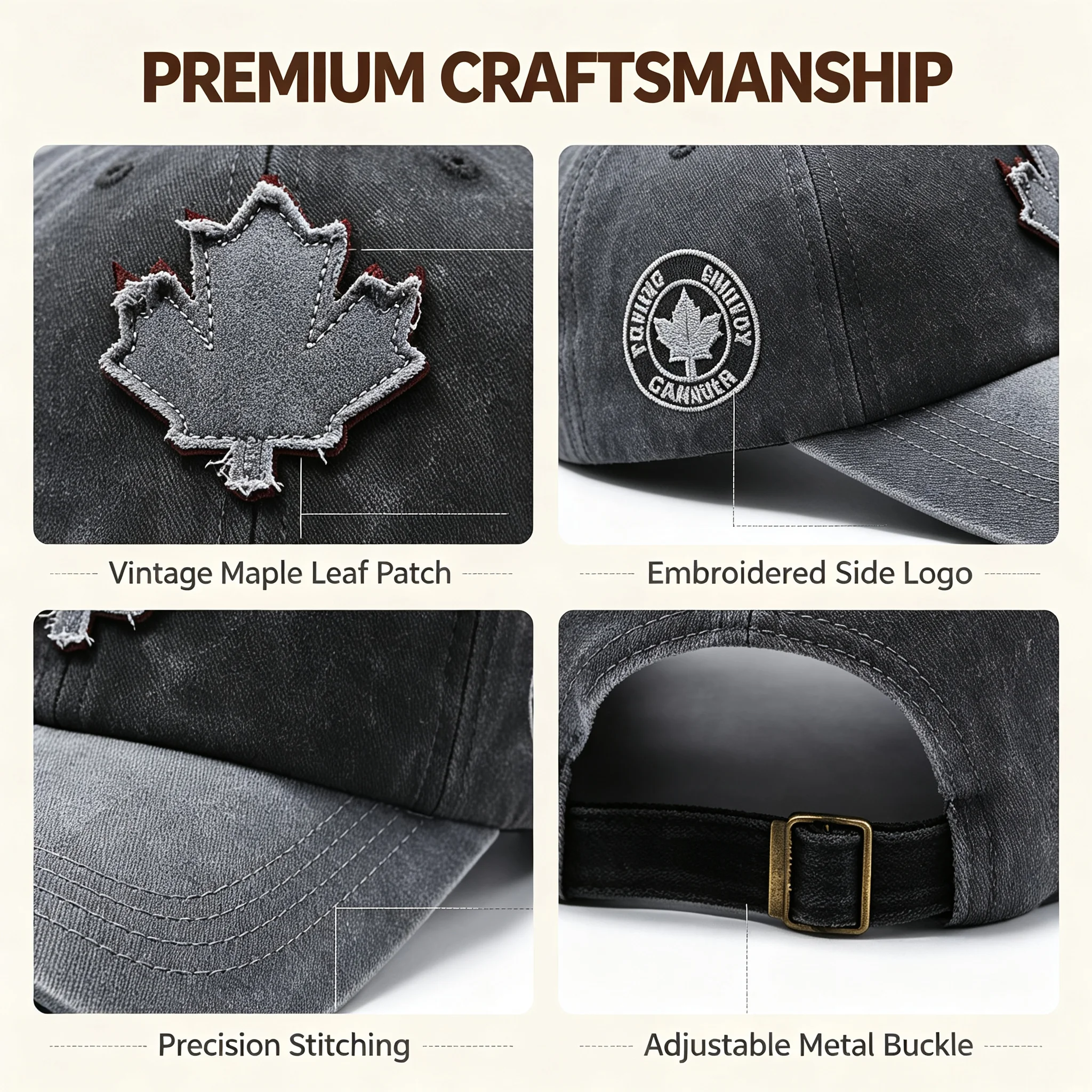 Europäische und amerikanische Ahornblatt-Retro-Baseballmütze für Männer und Frauen, gewaschene Baumwolle, Entenzunge, Frühling, Sommer, Outdoor, farblich passende Mütze – Detail 5