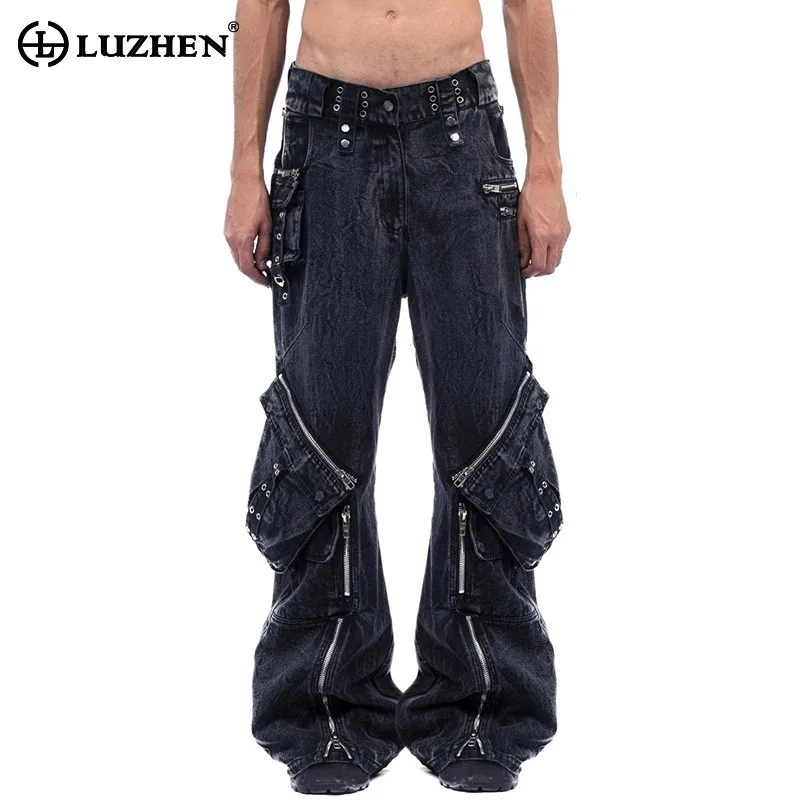 

LUZHEN оригинальные уличные джинсовые брюки-карго с несколькими карманами на молнии, мужские джинсы 2025 года, новые модные винтажные широкие джинсы JY3738