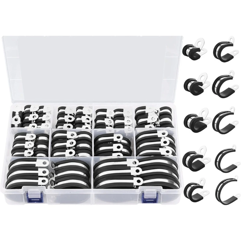 110Pcs Cable Clamps Assortment Kits Stainless Steels Rubber Cushion Pipe Clamps