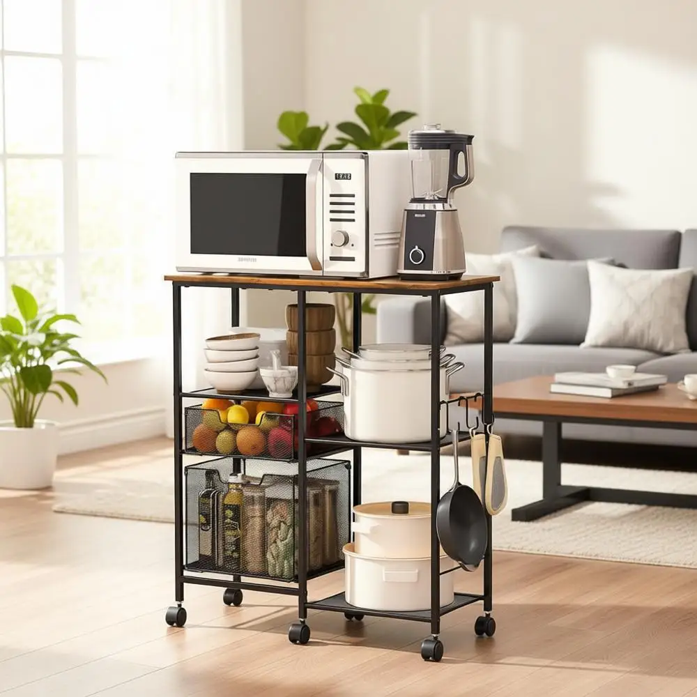 

Mobile Kitchen Cart with Storage Shelves, Microwave Stand, and Baker's Rack Features