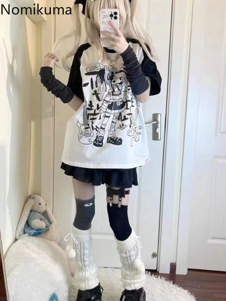 تيشيرتات نسائية قصيرة الأكمام برقبة دائرية ، ملابس هاراجاكي ، توبات كبيرة الحجم ، كاجوال أنيق ، جميل ، صيفي ، Y2K #1