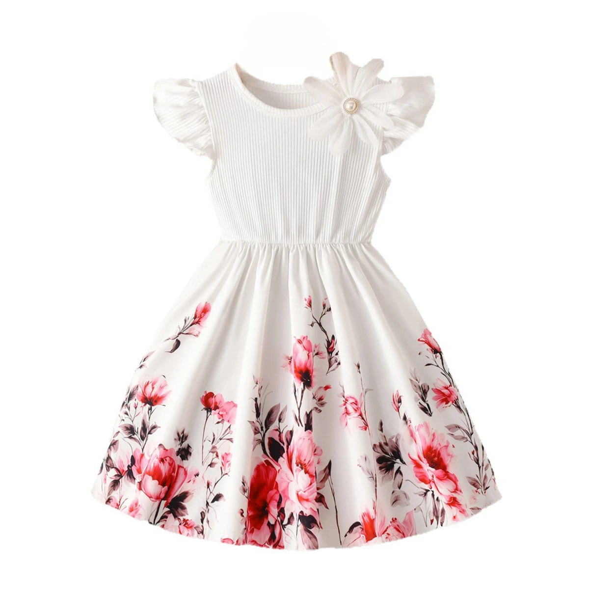 Summer Girl Dress Flutter Sleeve Floral Print 3D Flower Princess Party  Sundress Kids Casual Outfit Children Wear 3-10Y