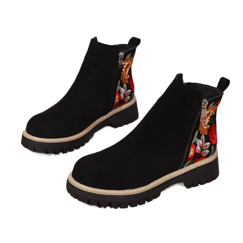 

Зима 2024, замшевые ботильоны с яркой цветочной вышивкой, женские классические черные ботинки челси на толстом каблуке, женские короткие ботильоны 42