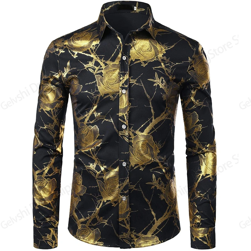 Men's Long Sleeve Shirt Gold Rose 3d Print Hawaiian Shirt Men Women Fashion Casual Button Up Casual Luxury Shirts Beach Blouse