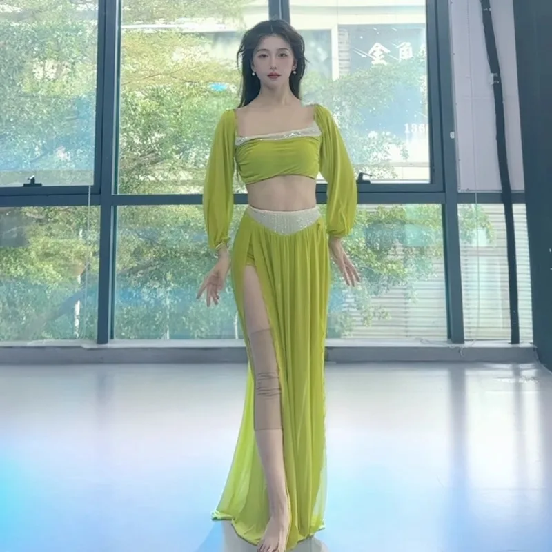 Personalizado novo conjunto de roupas de dança do ventre desempenho traje classe vestido sexy temperamento prática vestido de malha verde saia iniciante