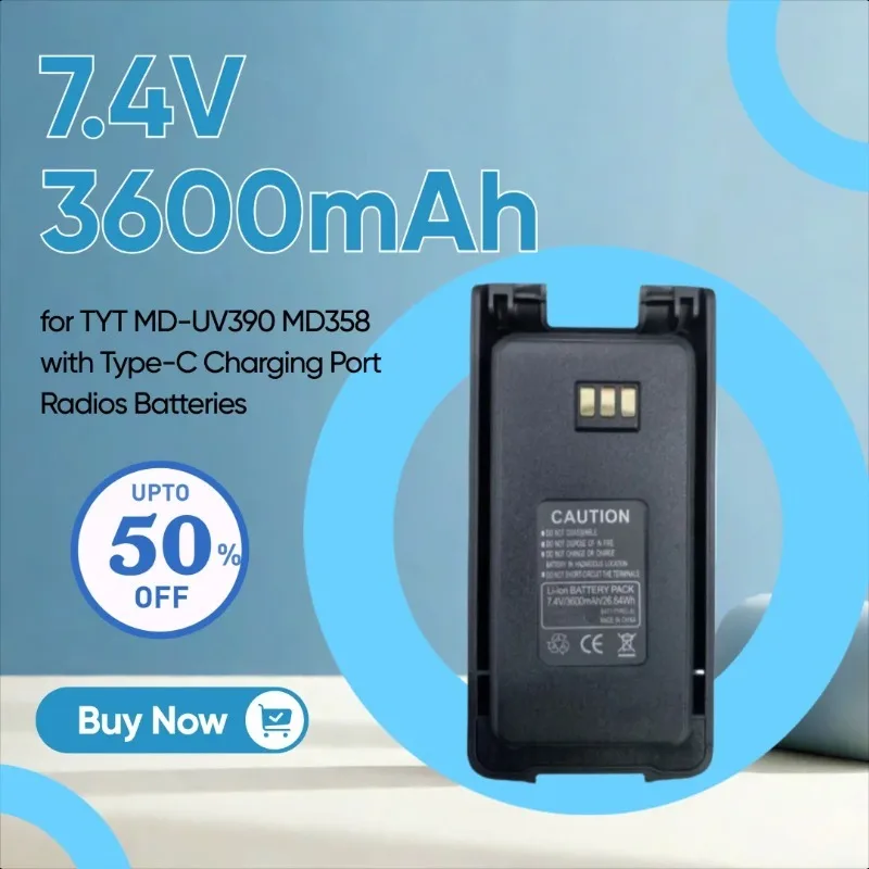 بطارية ليثيوم أيون 7.4 فولت 3600 مللي أمبير في الساعة عالية السعة لـ TYT MD-UV390 MD358 مع بطاريات الراديو بمنفذ شحن من النوع C