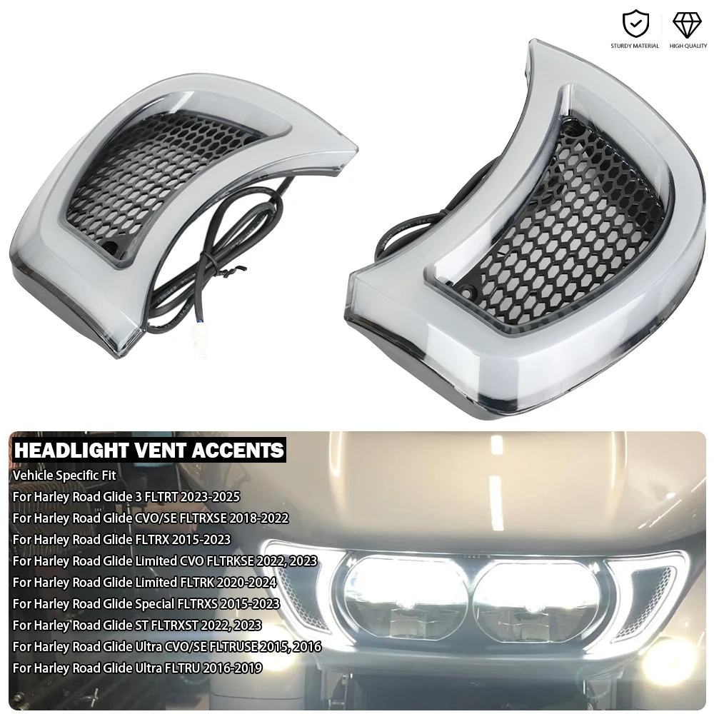

LED Turn Signal Headlight Vent Accents Grill Panels Trim Light Fits For Harley Road Glide ST FLTRXST Ultra CVO/SE FLTR 2015-2025