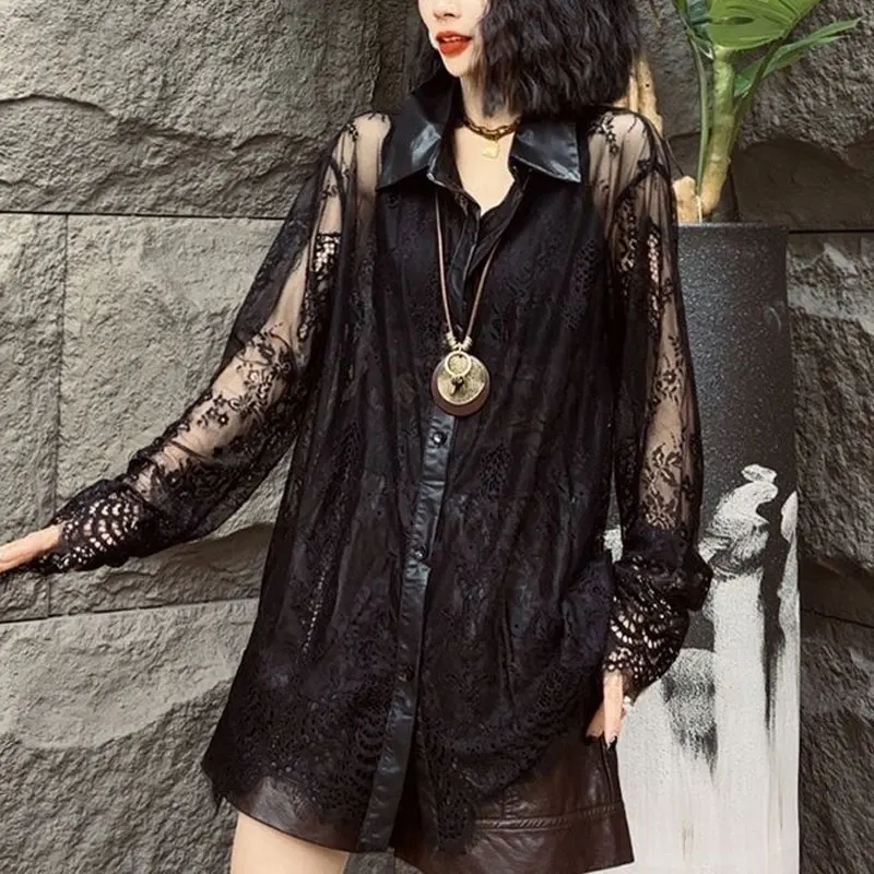 Fashion Sexy Lace Hollow Out Shirt Female Clothing Turn-down Collar Spliced Spring Autumn Commute Single-breasted Loose Blouse