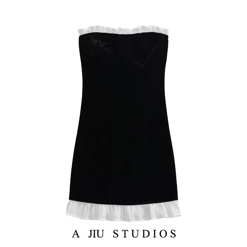 

Retro Velvet Slim Fit Strapl Dr Women Pure Desire Earlet Collar Contrast Color Lace Fibone Wrap Body ort Skirt